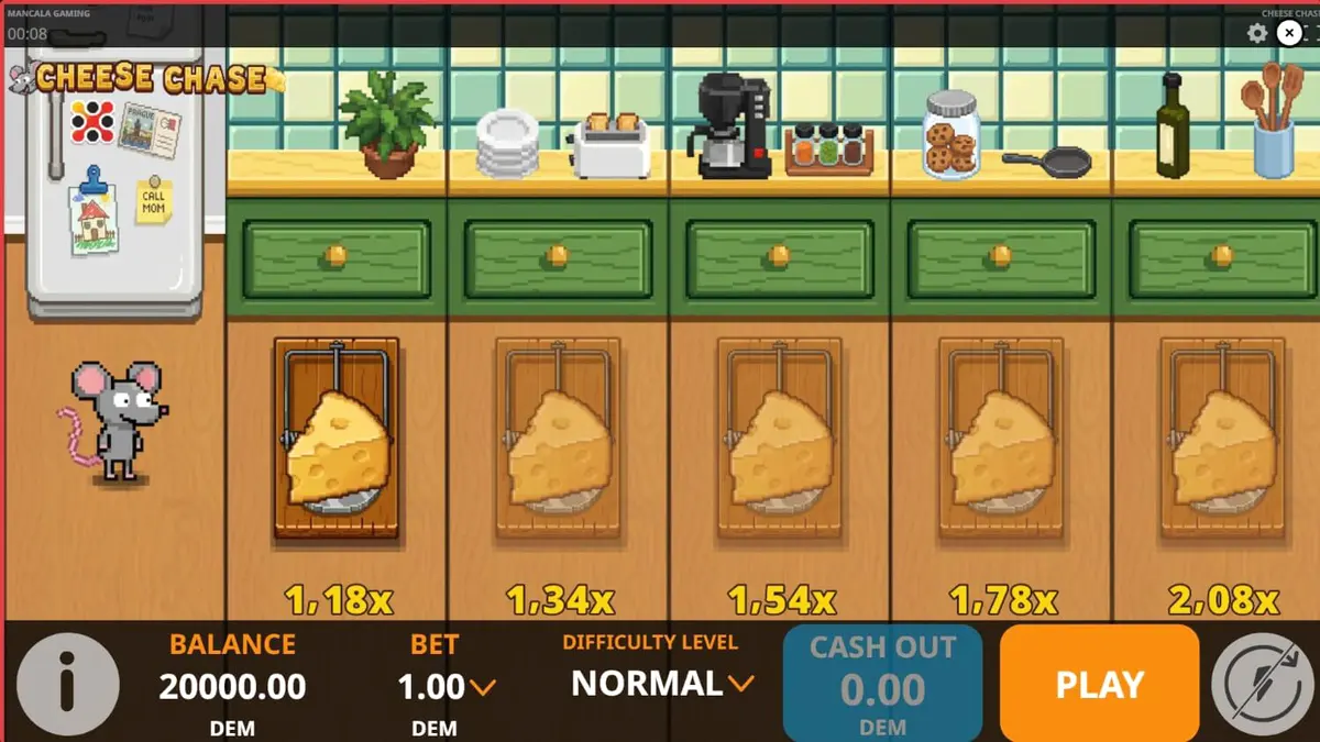 O camundongo protagonista de Cheese Chase navegando por armadilhas em uma cozinha retrô