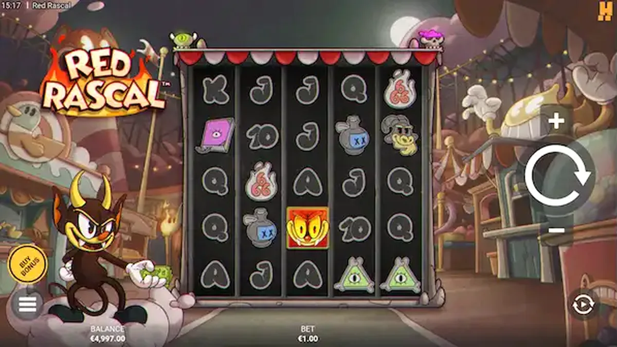 Interface do jogo Red Rascal com tema de parque de diversões