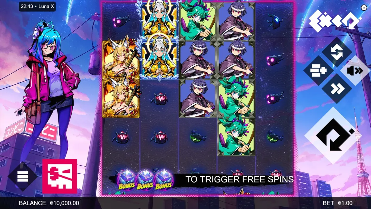 Interface vibrante e futurista do jogo Luna X com elementos neon